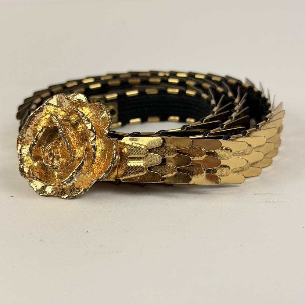 Vintage Gold Stretch Belt Rose Buckle Retro Boho Disco Glam Waist - Picture 1 of 11